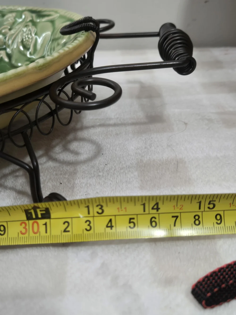 VintageGreen Round Floral Ceramic Tray 15 in w/ Black Metal Stand Handles Glossy